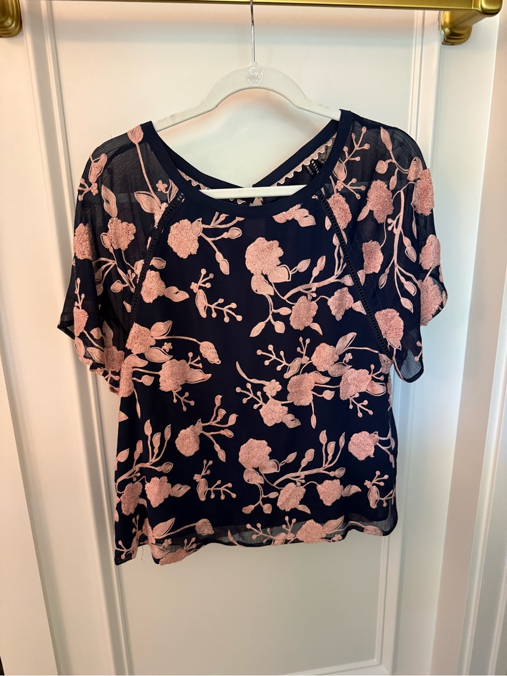 Maeve Floral Embroidered Navy and Blush Short Sleeve Blouse
